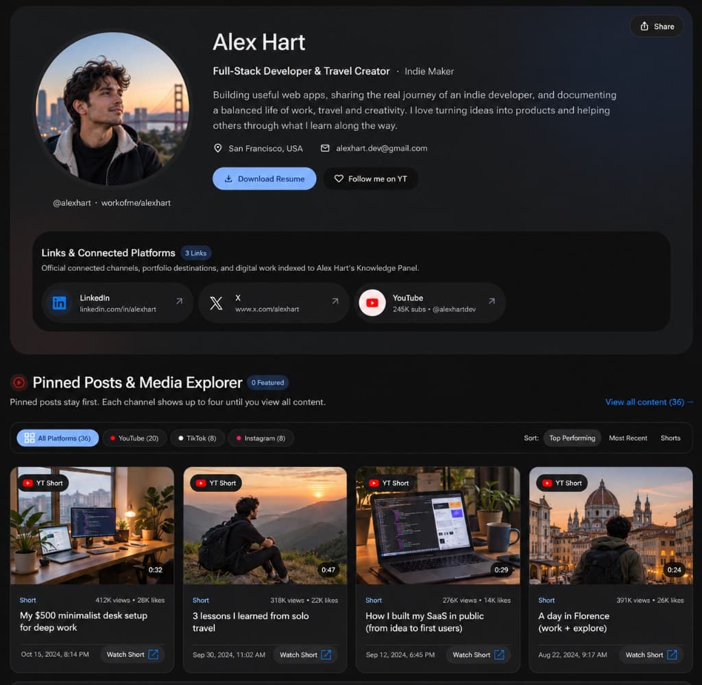 Alex Hart’s WorkofMe profile, with photo, links, and pinned posts