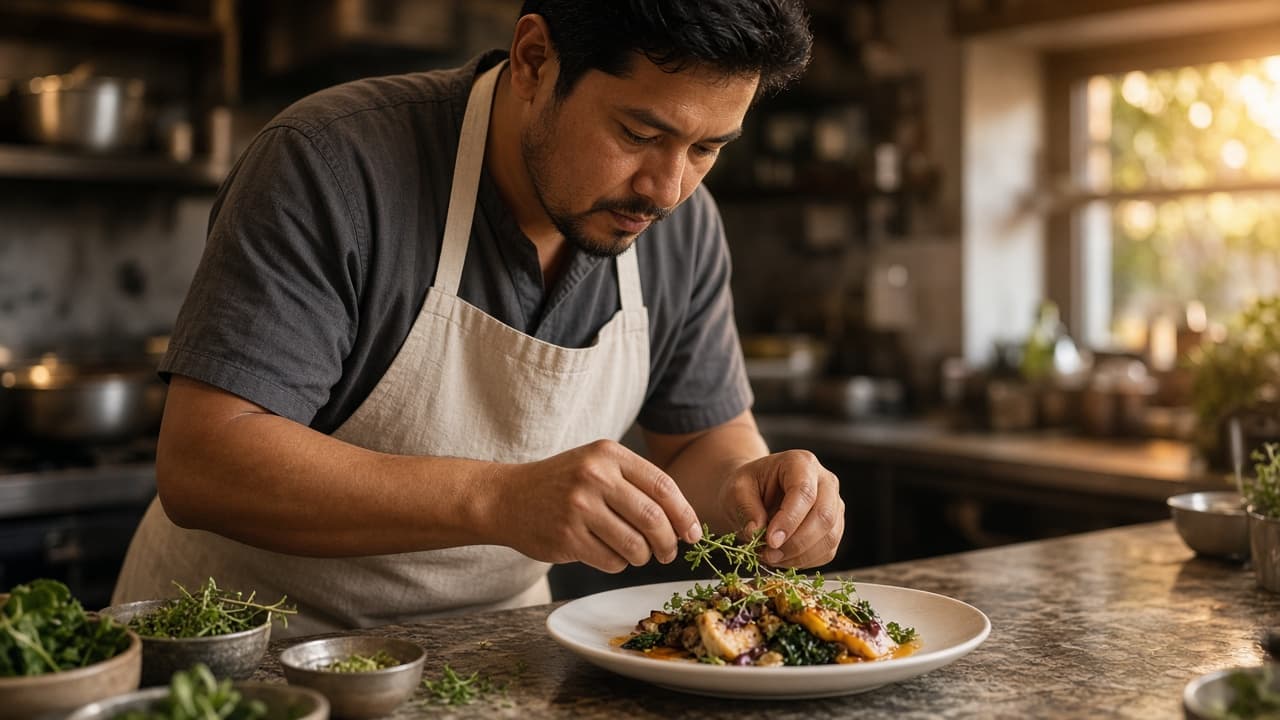 Luis Ortega plating a dish in a restaurant kitchen